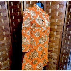 Vintage Womens Brocade Dress Duster Jacket Set Size XS Orange Gold